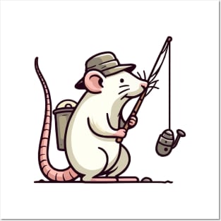 white rat fishing with fishing rod Posters and Art